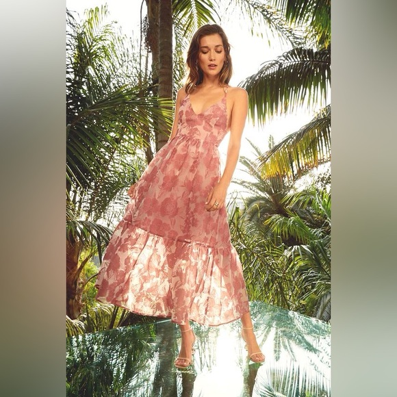 Lulus Feeling Like Forever Rose Jacquard Organza Lace-Up Midi Dress rose small - Picture 5 of 15